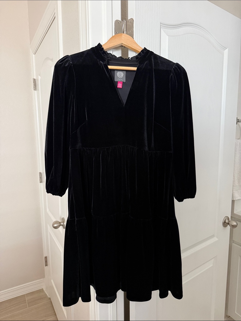 Vince Camuto Black Velvet V-Neck Tiered Mini Dress